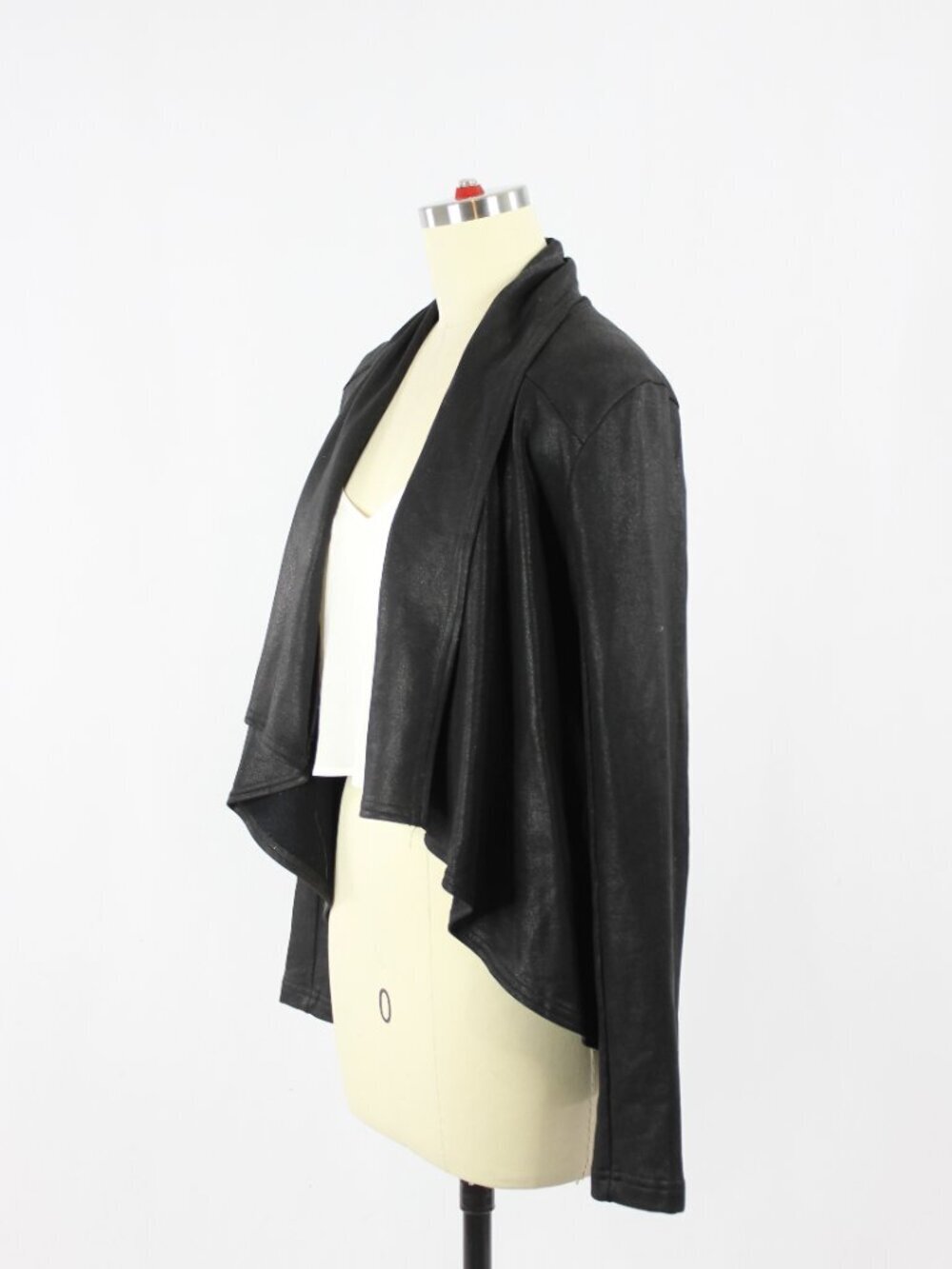KRISA Black Coated Terry Faux Leather Open Drape Front Moto Jacket, Size S - Picture 7 of 16